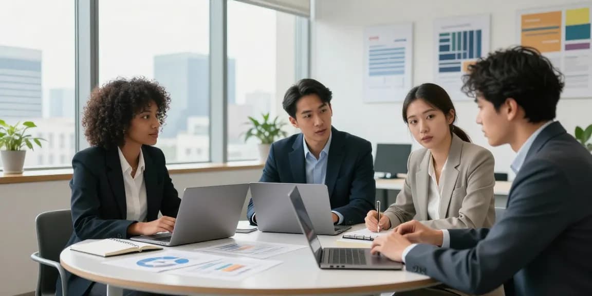 Professionals discussing ways to strengh up your portfolio in a modern office setting.