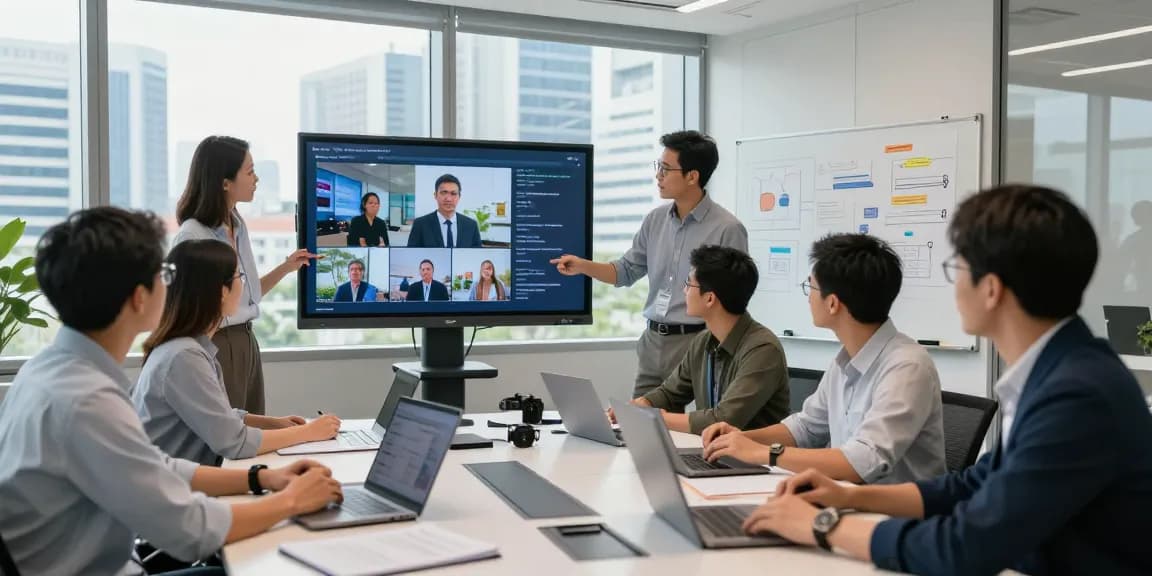 Corporate Videography Singapore scene with a diverse team collaborating on a video project in a modern office.