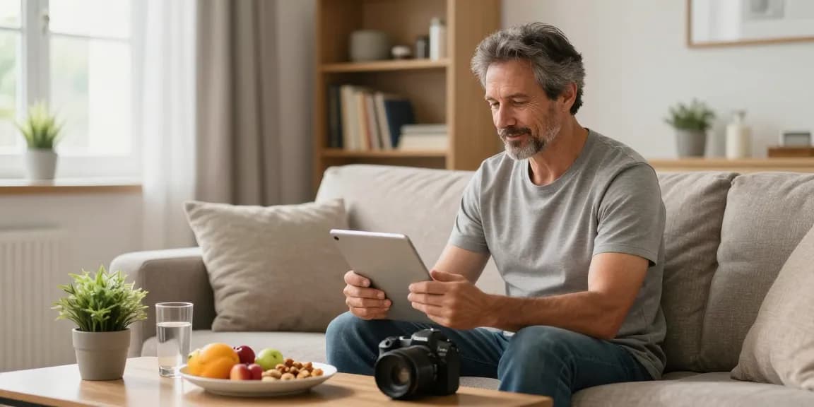 Tadalafil user exploring wellness information on a tablet in a comfortable living room, surrounded by healthy snacks and a cozy atmosphere.