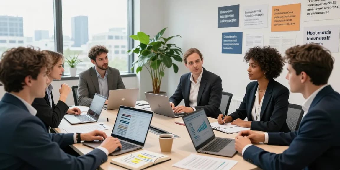 Networking session showcasing the Schweizer Unternehmernetzwerk with diverse entrepreneurs collaborating in a modern office environment.