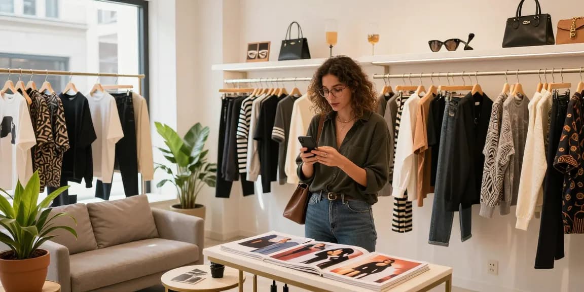 Shopping for high-quality 레플리카 fashion items in a trendy boutique, capturing excitement and style