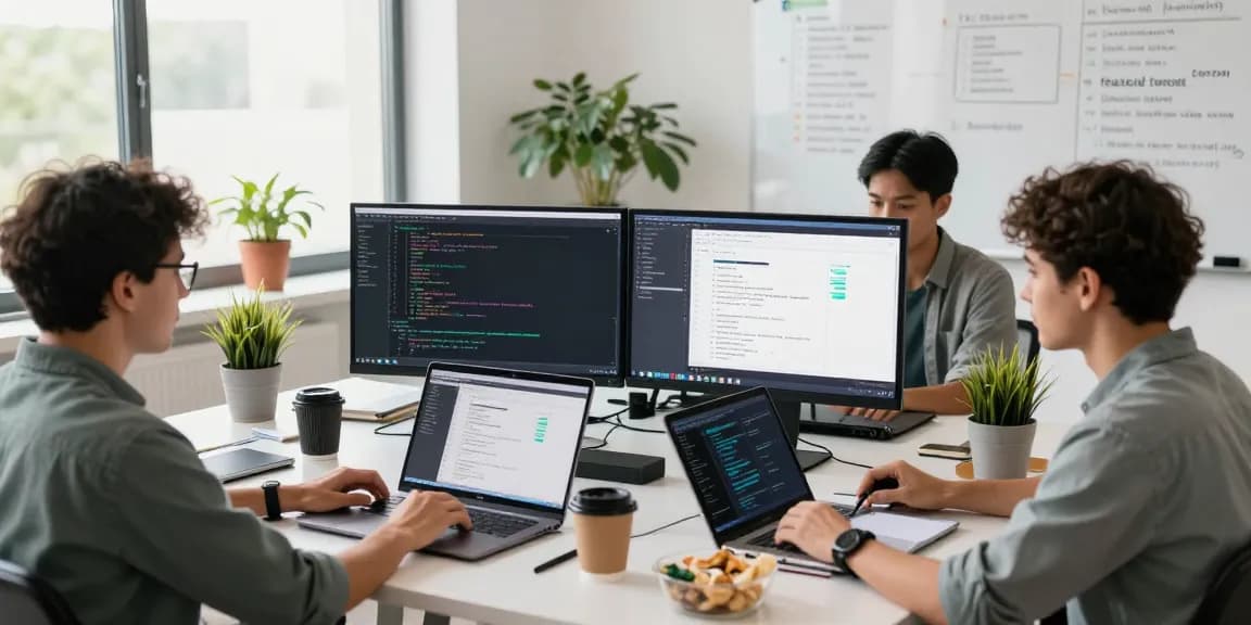 Collaborative frontend development with React in a vibrant workspace.