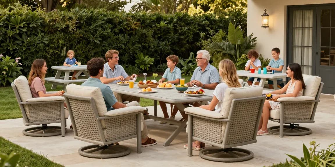 Outdoor seating furniture showcased in a family-friendly patio gathering with stylish dining and play areas.