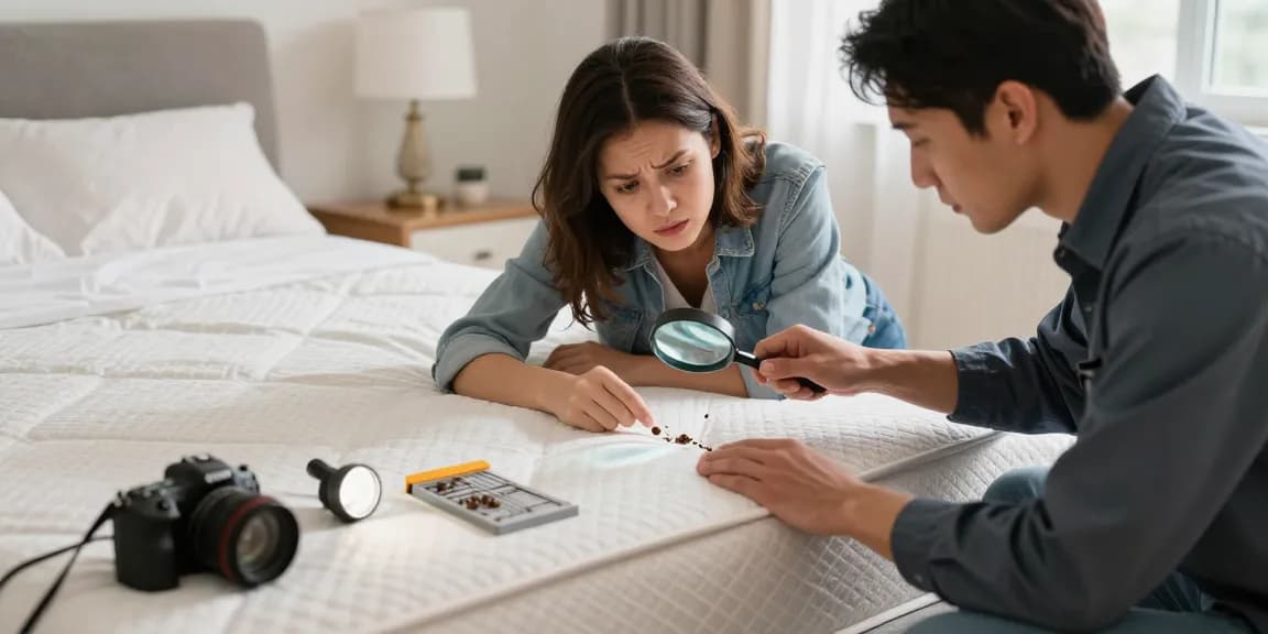 Homeowner examining for bed bug pest control in a cozy bedroom.