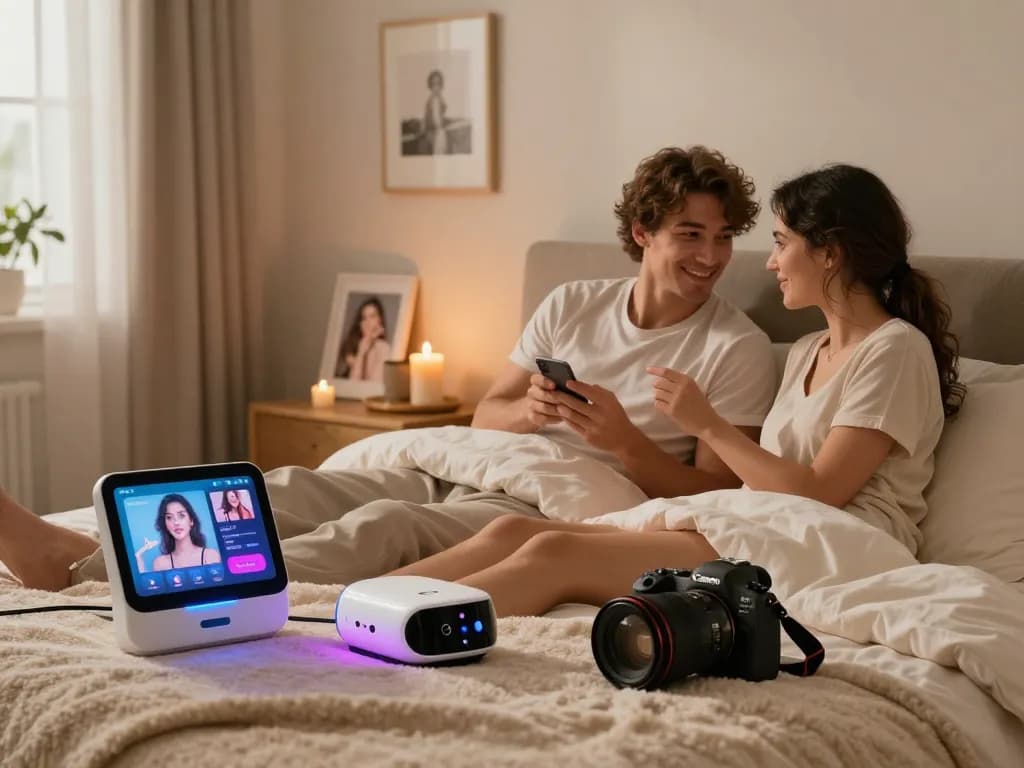 Couple exploring AI sex technology in a cozy bedroom setting with smart devices.