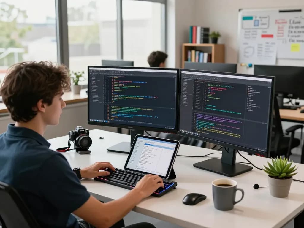Moltbot AI showcased in a tech workspace with dual monitors for coding and project management tasks.