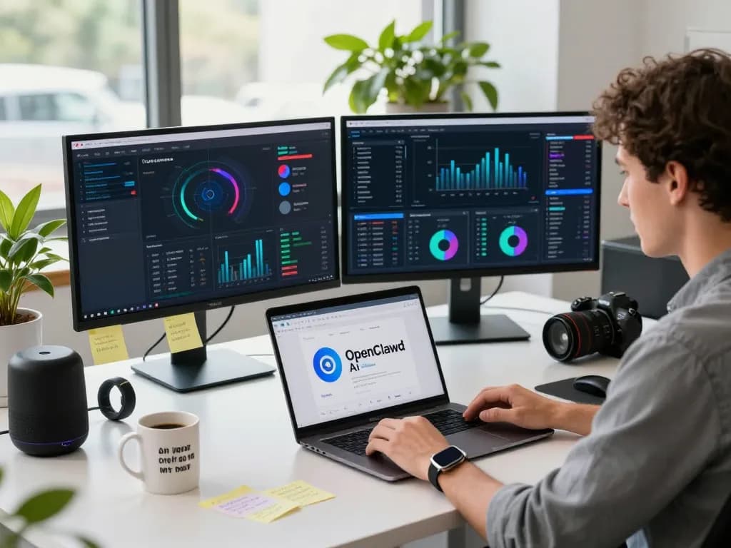 OpenClawd AI in a modern tech workspace with dual monitors, vibrant plants, and motivational elements enhancing productivity.