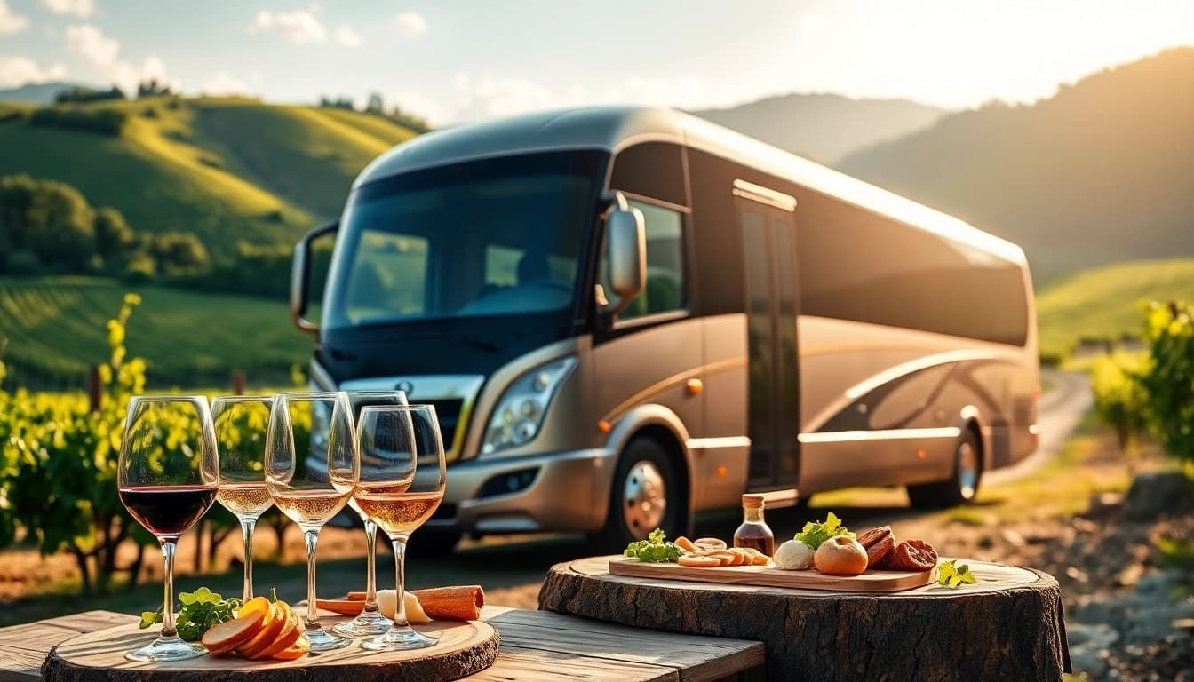 Enjoy a scenic limo bus wine tour featuring elegant wine glasses in a beautiful vineyard.