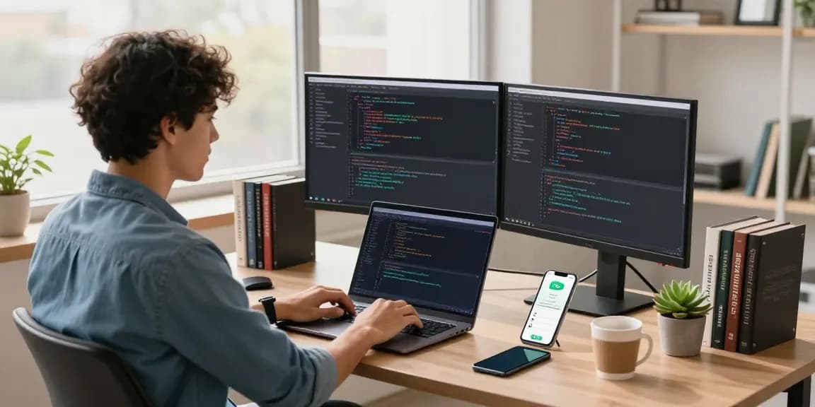 WhatsApp下載 workspace scene with developer coding on dual monitors, showcasing a productivity-driven environment.