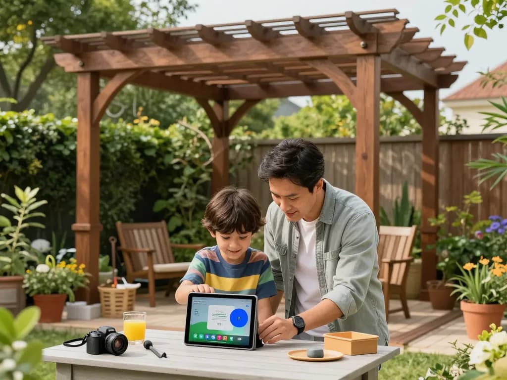 Family using the All-in-One pergola Configurator to design a custom pergola in a garden setting.