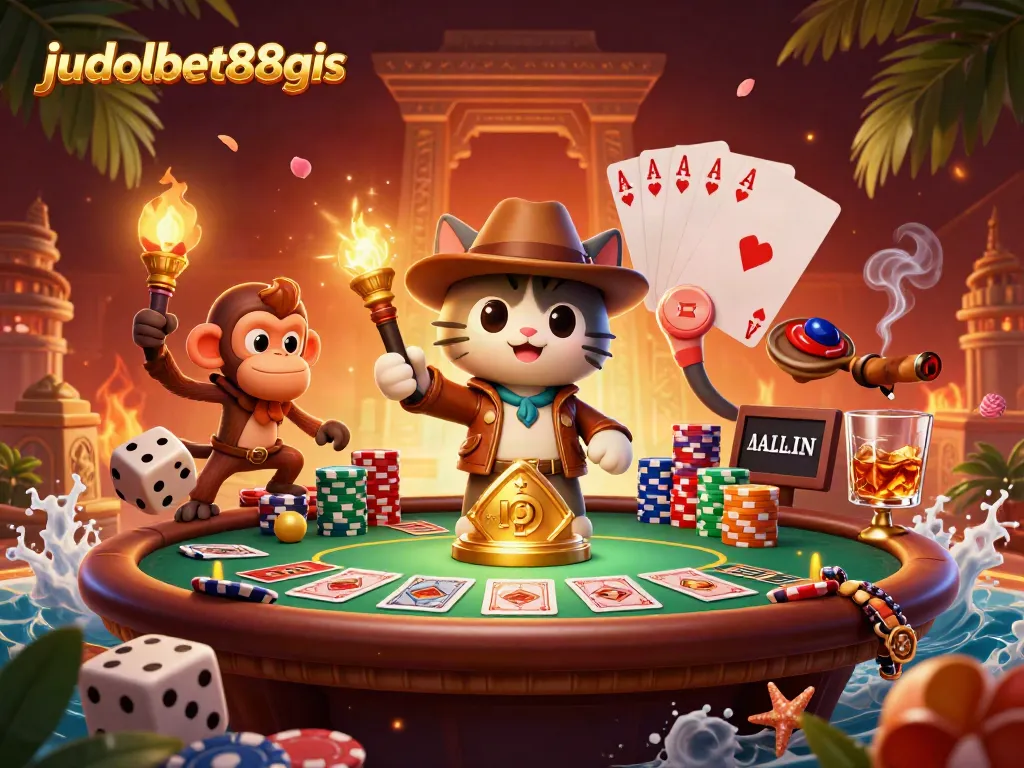 Engaging scene showcasing judolbet88gis explorer cat discovering casino artifacts with poker elements.