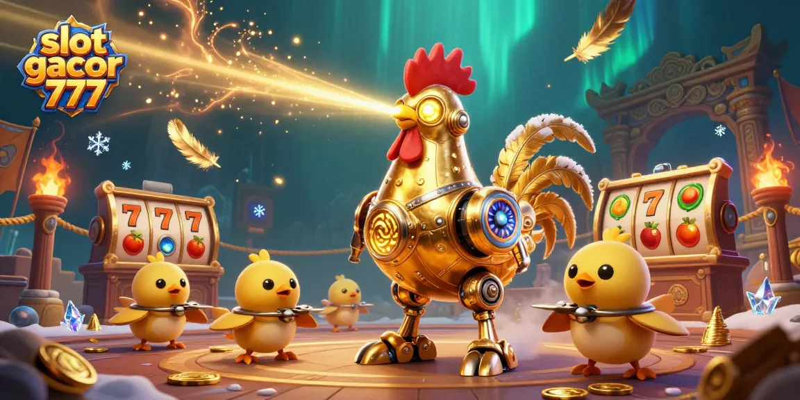 Experience the thrill of slot gacor 777 with our vibrant illustration featuring golden rooster robots and exciting casino elements.