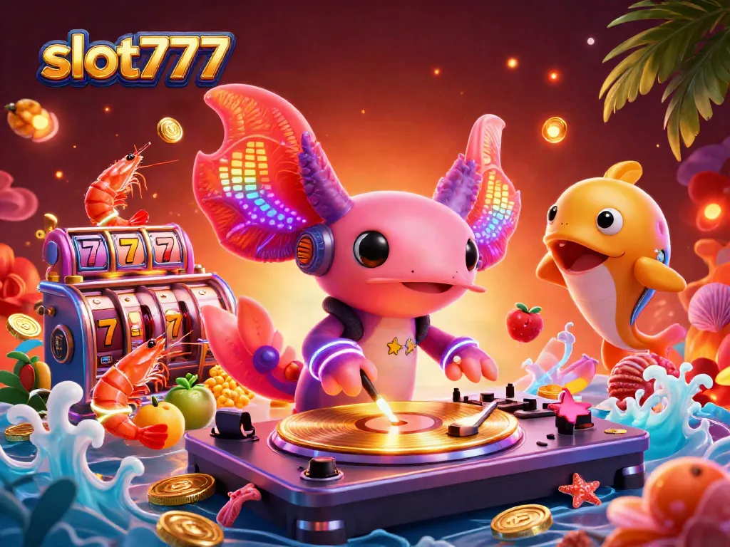 Menangkan jackpot dengan slot777 dalam ilustrasi 3D yang penuh warna dan gemerlap.