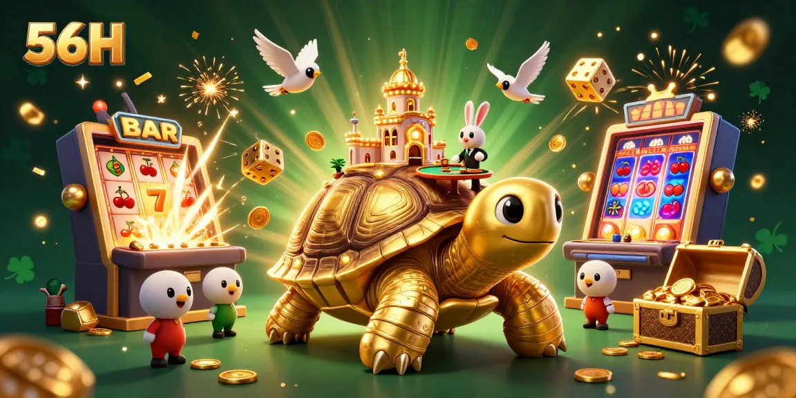 Experience the vibrant world of 56H with a captivating scene of a cartoon tortoise casino, cards, and coins.