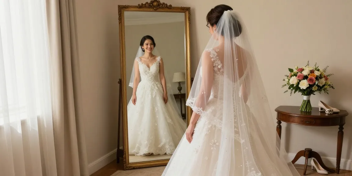 Bridal styling: sposa sorridente in abito elegante con accessori raffinati in una stanza illuminate.