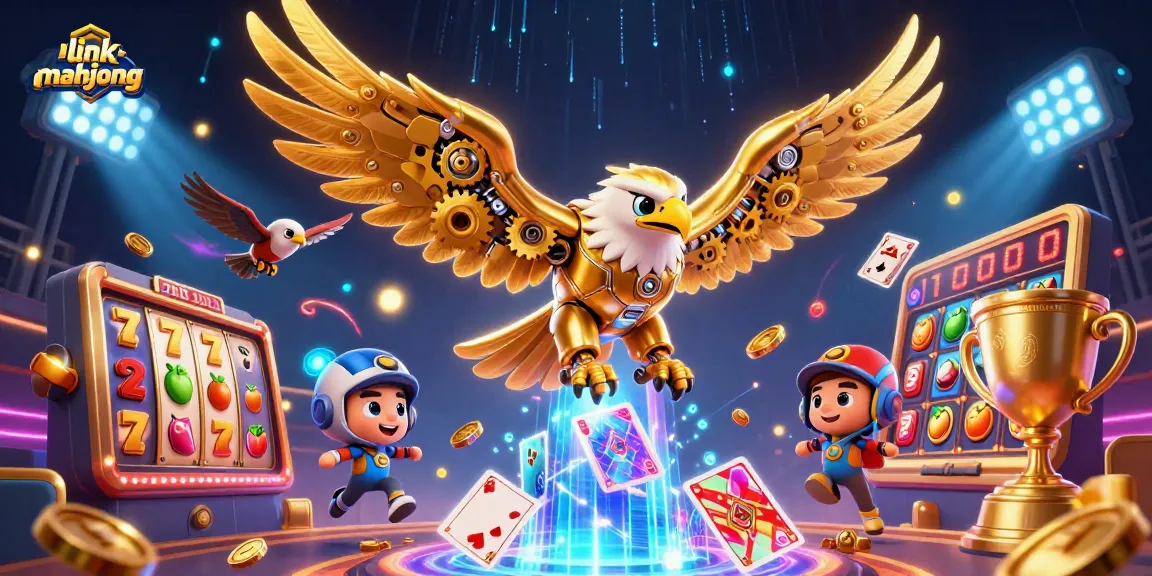 Experience dynamic gaming with link mahjong featuring animated slot reels and a majestic eagle.