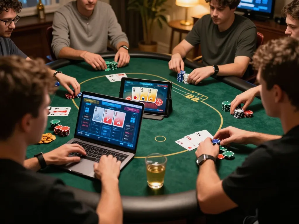 vaobet players engaging intensely in an online poker game at home with strategic gameplay.