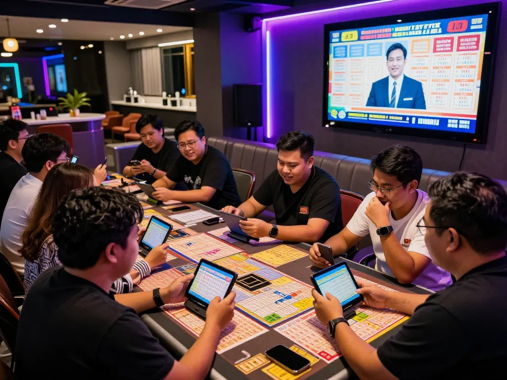 Players checking Pengeluaran HK results in a lively Togel Hongkong betting environment with digital devices.