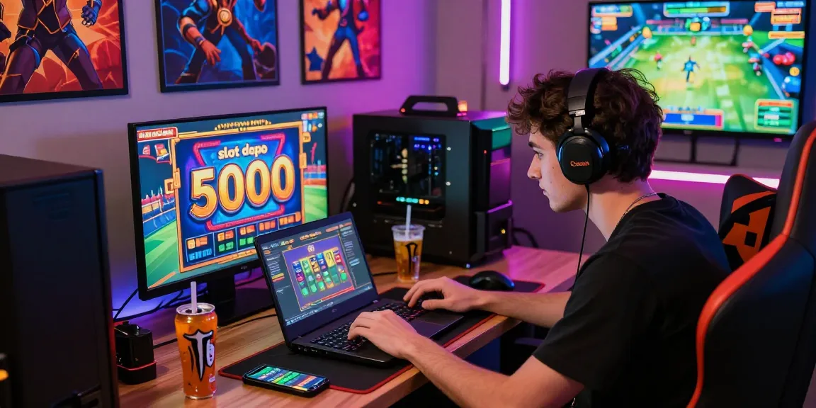 Engaged gamer focused on slot depo 5000 game in vibrant gaming corner.