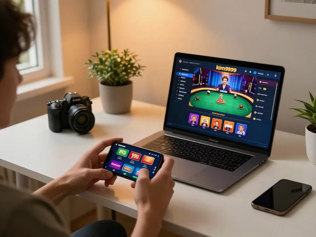 Engaged player using the kim999 casino app on smartphone, capturing the excitement of online gaming.