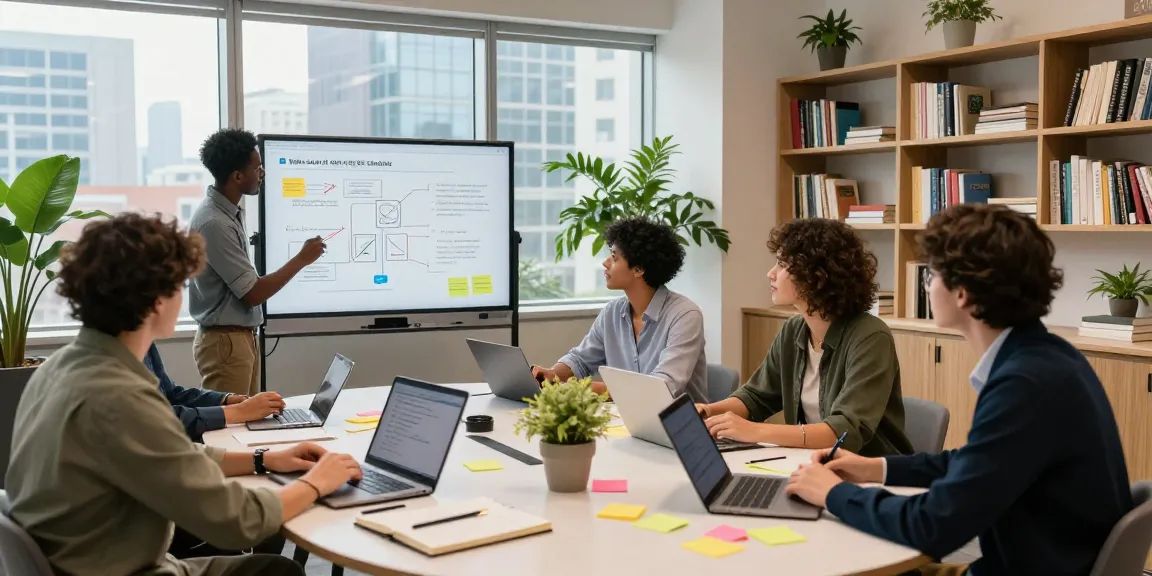 Collaborative team discussing strategies in modern office; visit our blog for insights.