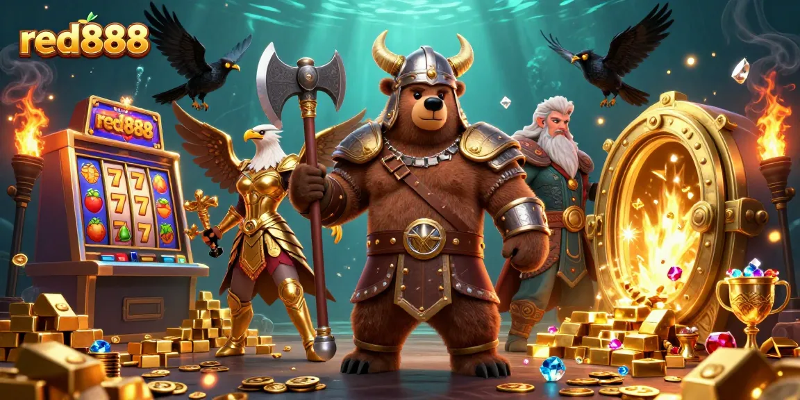 Experience the excitement of red888 with a vivid scene of Viking and casino elements.