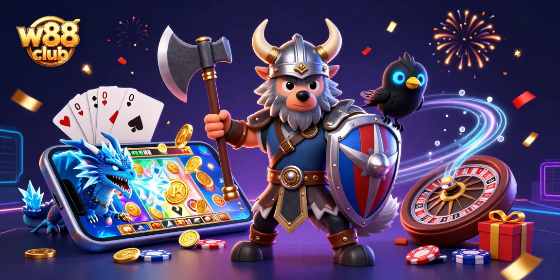 Khám phá w88 club qua hình ảnh 3D đầy màu sắc với trò chơi quay slot và chiến thắng lớn.