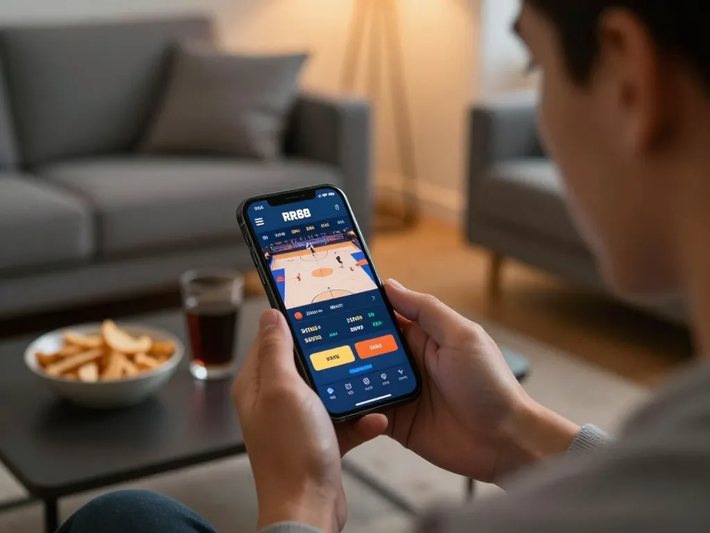Engaging in live betting via the RR88 SELECT app in a cozy living room atmosphere.
