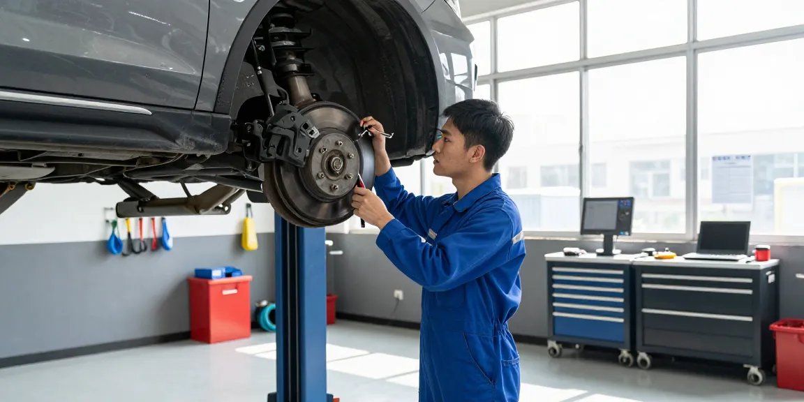Mechanic performing a car inspection near me, showcasing thorough vehicle checks in an organized garage.