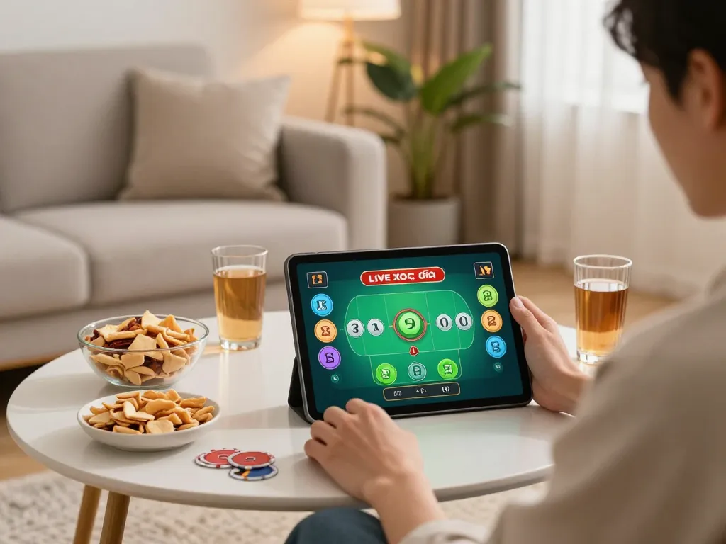 xóc đĩa online gameplay on a tablet in a cozy home setup with warm lighting