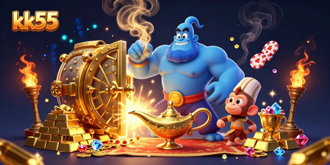 Engage with the vibrant kk55 casino world featuring a genie, treasures, and poker chips for exciting wins.
