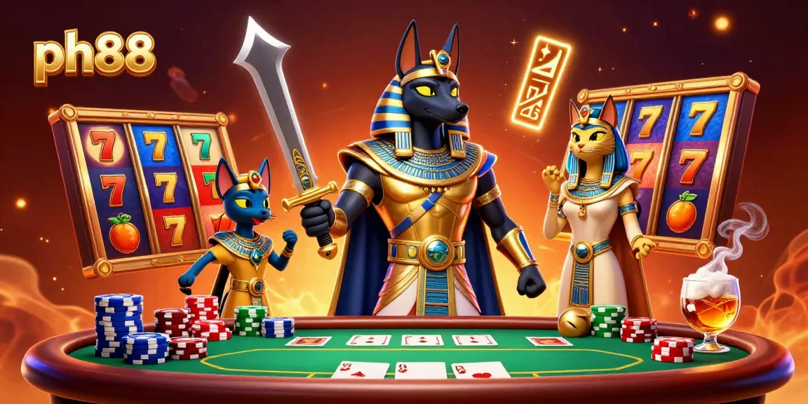 Experience the thrill of ph88 with vibrant slot reels, Anubis warrior, and Bastet in a dynamic casino scene.