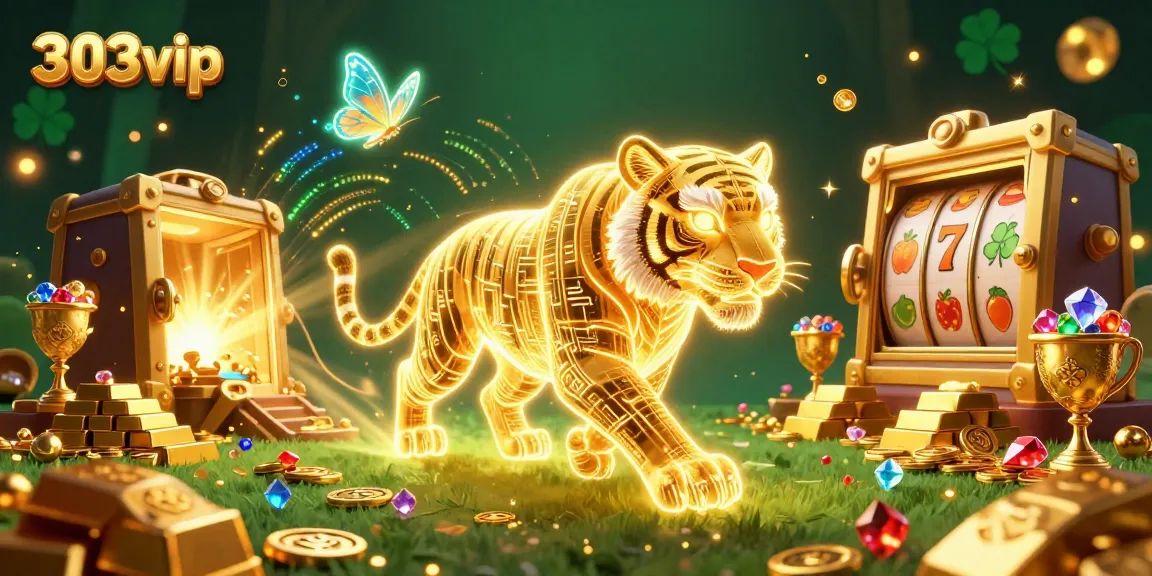 Engage with 303vip's thrilling online casino experience featuring a neon tiger and treasure galore.