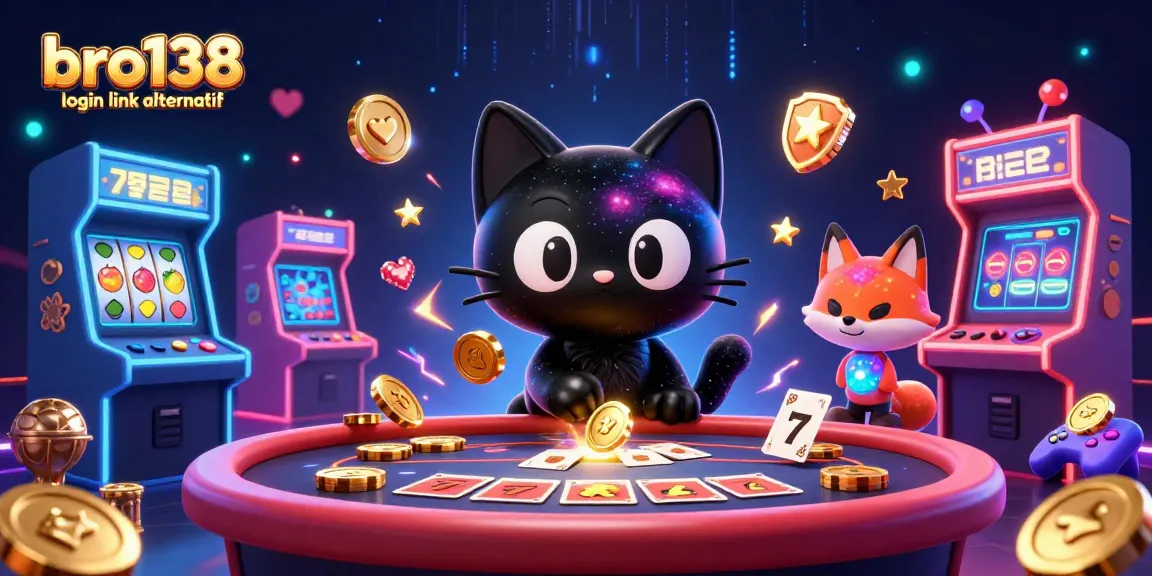 Engage with bro138 login link alternatif for exciting gaming, featuring animated characters and vibrant casino elements.