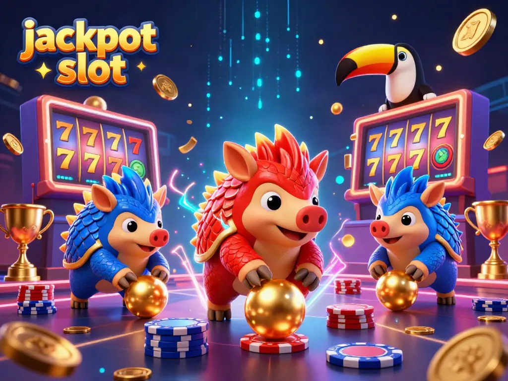 Spin the jackpot slot reels in a dynamic scene with colorful pangolins and gold coins.