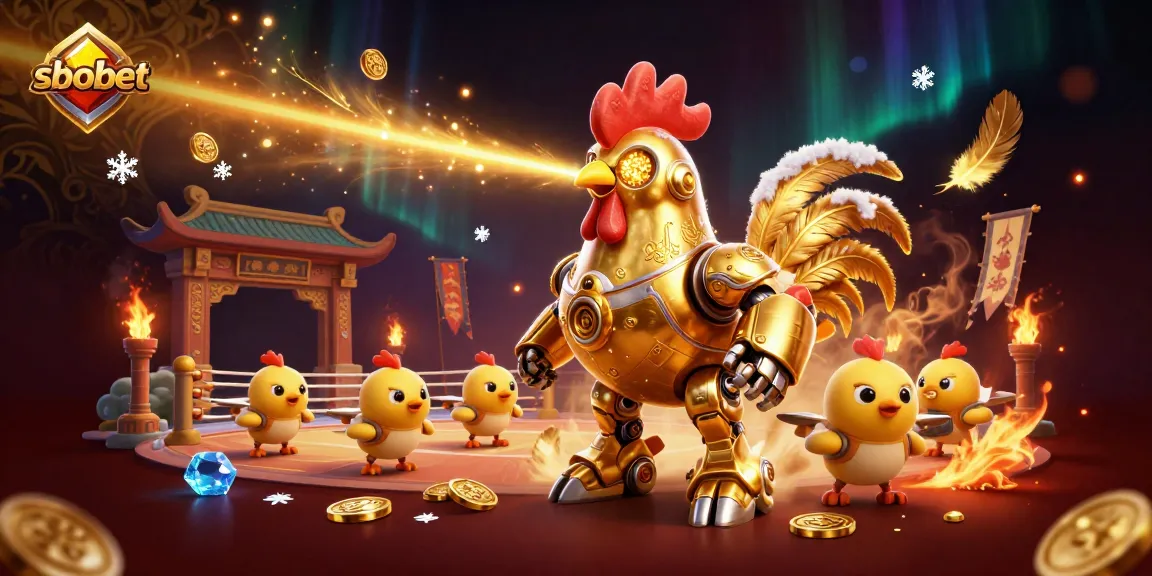 Bet on sbobet with a vibrant 3D scene of a golden rooster robot and baby chick drones in a dynamic casino arena.