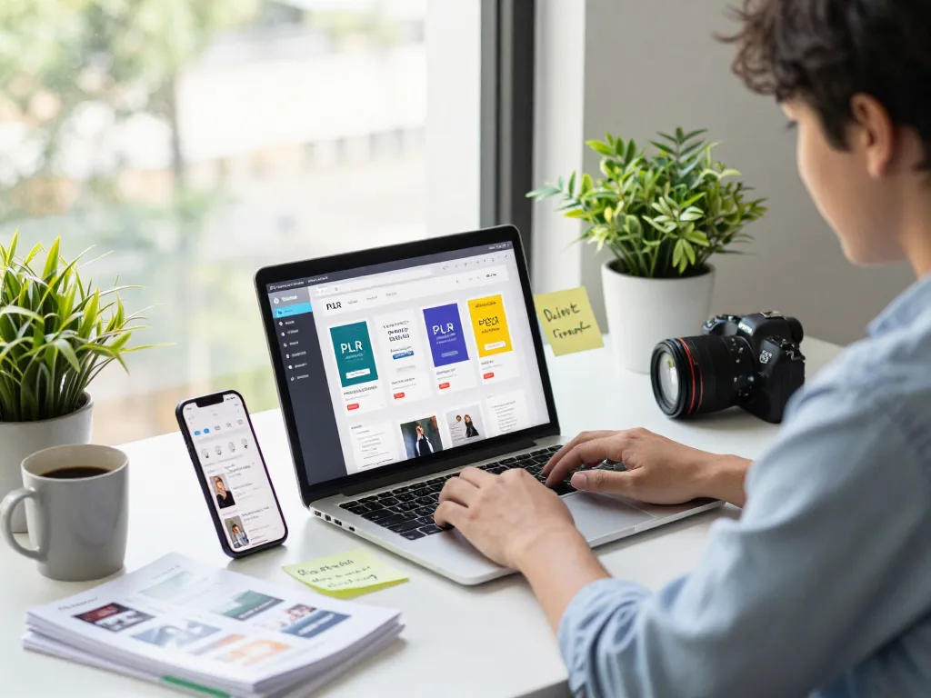 Entrepreneur showcasing PLR Digital Products for Sale in an organized e-commerce workspace, featuring various digital assets and a vibrant atmosphere.