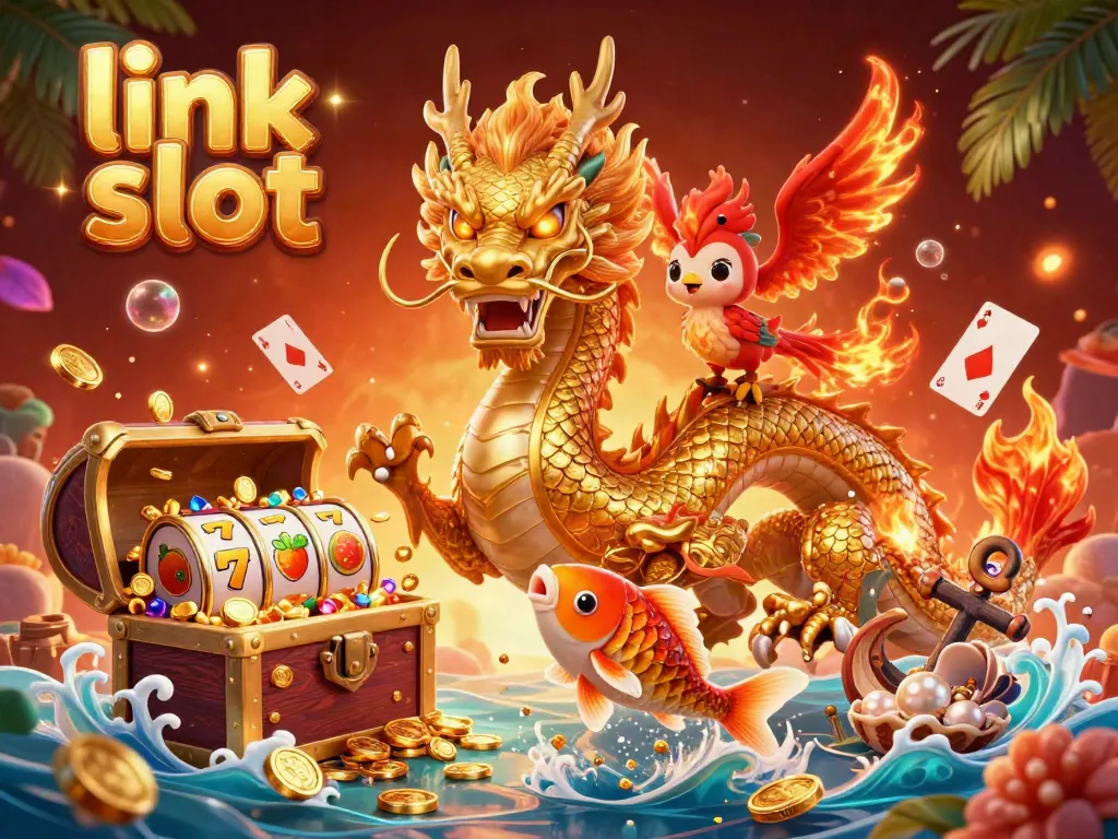 Permainan link slot dengan naga emas dan burung phoenix di tengah koin jatuh, simbol slot, dan peti harta karun.