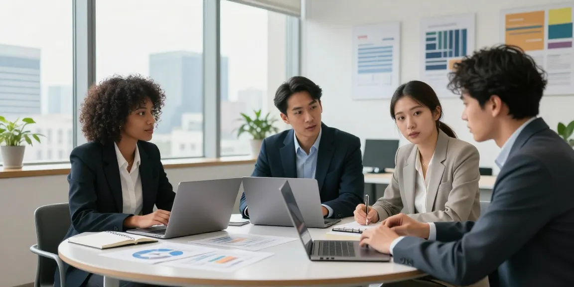 Professionals discussing ways to strengh up your portfolio in a modern office setting.