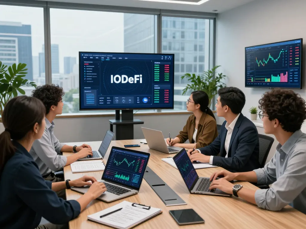 Team collaborating on the IODeFi platform with digital finance metrics in a modern conference room.
