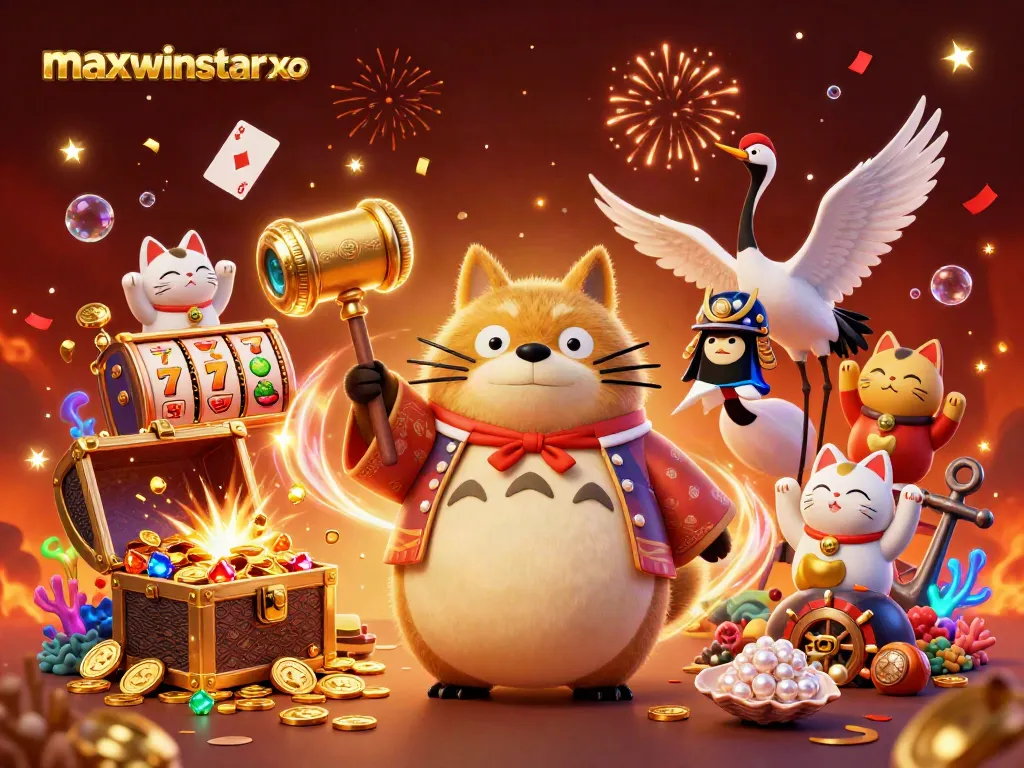 Experience excitement with maxwinstarxo's vibrant slot reels and cheerful characters in this captivating digital scene.