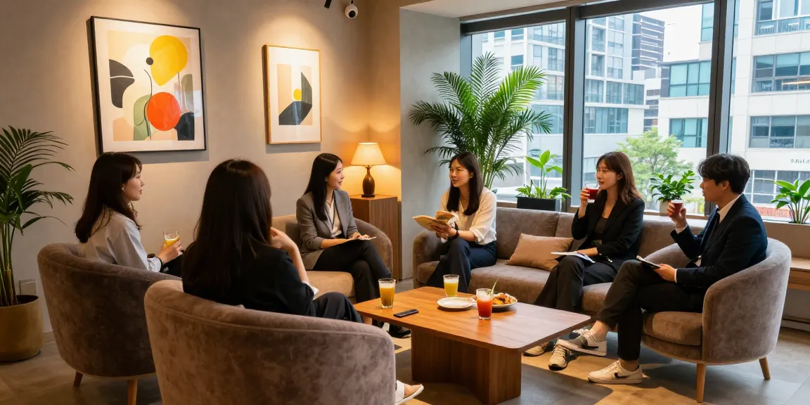 강남쩜오에서 편안한 분위기로 친구들과 대화하며 시간을 보내는 모습