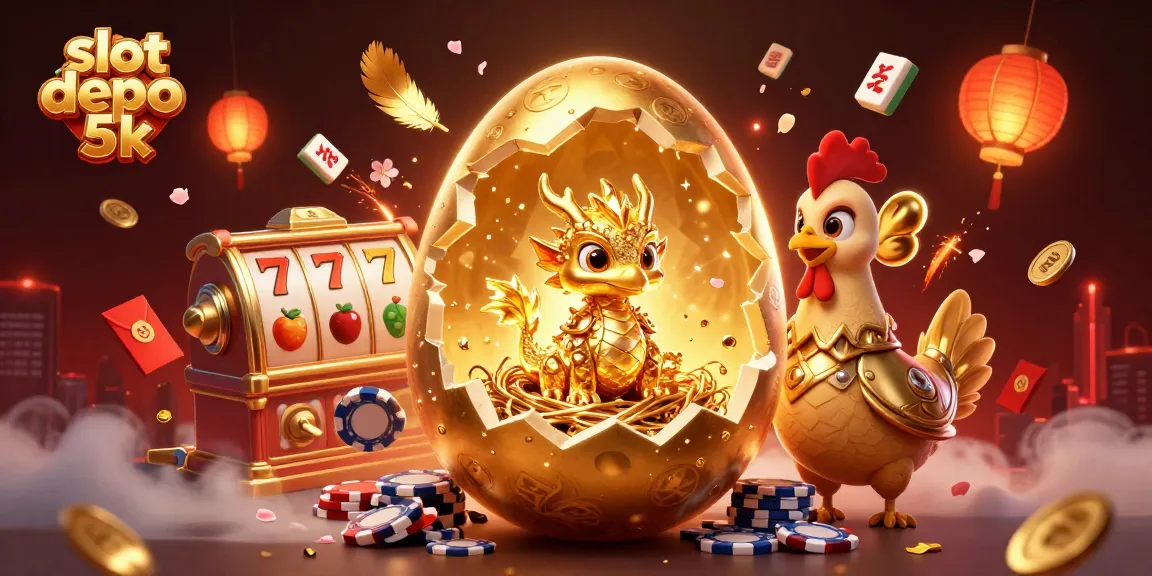 Spin the reels at slot depo 5k with a vibrant scene of a golden dragon amidst casino excitement.