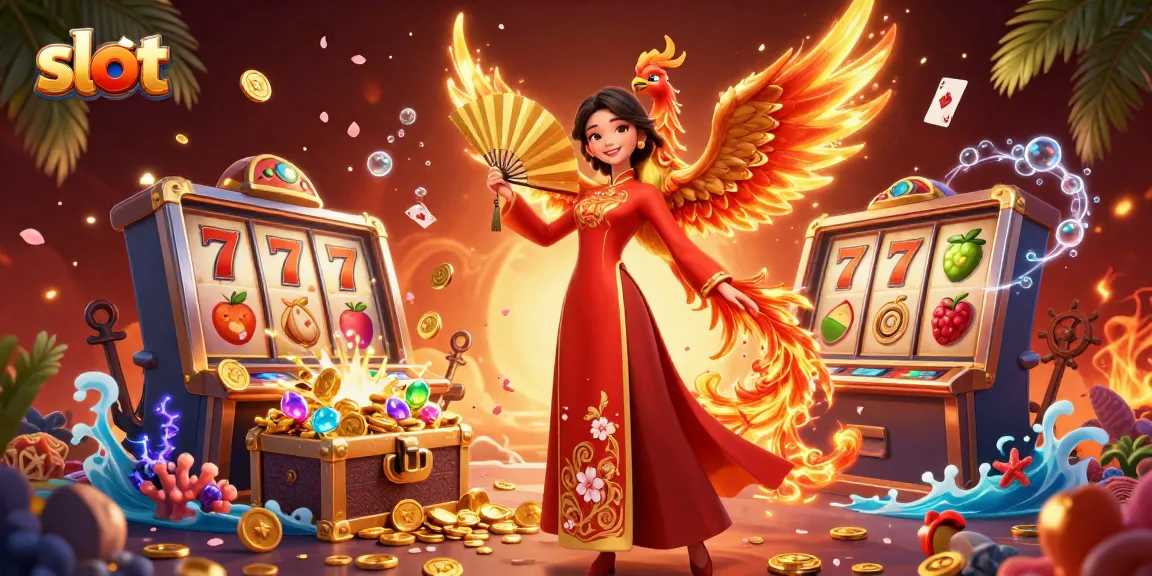 Spin vibrant slot reels in a rich casino scene featuring a graceful woman and a phoenix