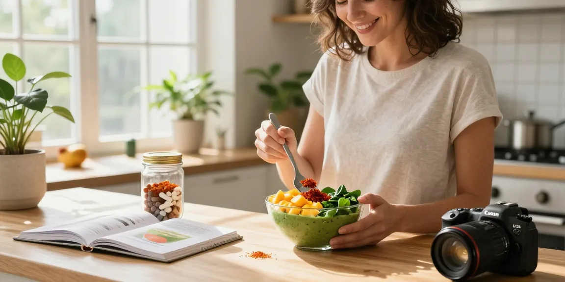 Healthy lifestyle scene with a woman preparing a smoothie bowl using premium astaxanthin for vitality and wellness.