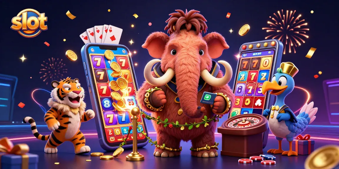 Win big with slot game action as mammoth bouncer and tiger VIP celebrate in casino.