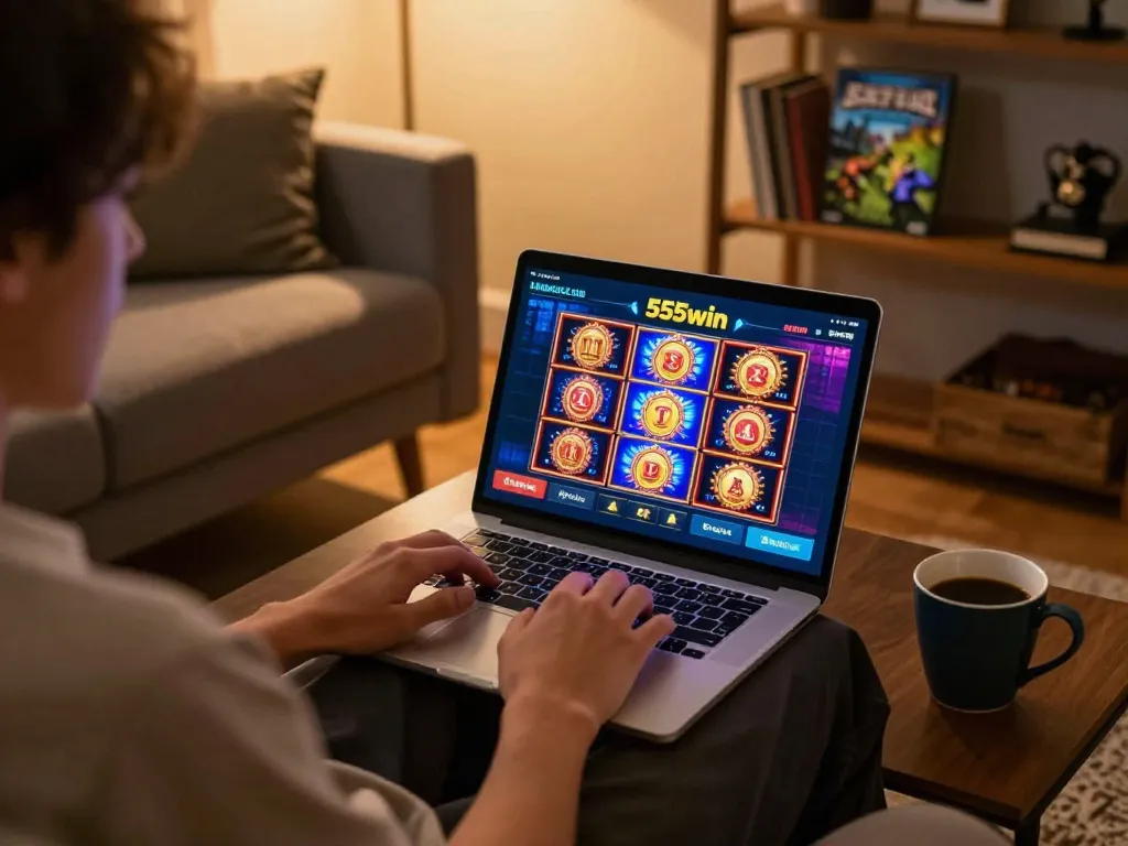 Player enjoying the 555win casino app from home, immersed in online gaming.
