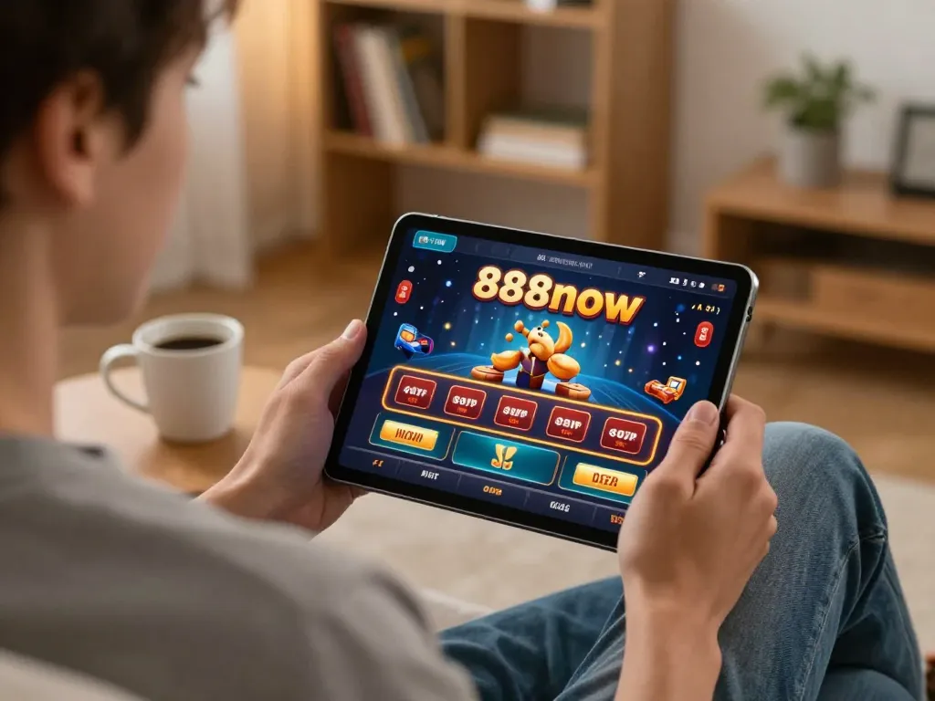 Engaging with 888now casino interface on a tablet in a cozy home setting while enjoying responsible gaming.
