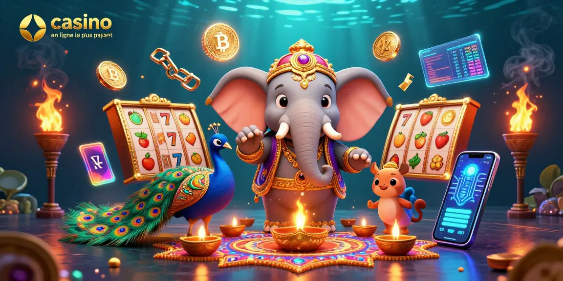 Jouer dans un casino en ligne le plus payant avec un éléphant décoré et des symboles de machines à sous.