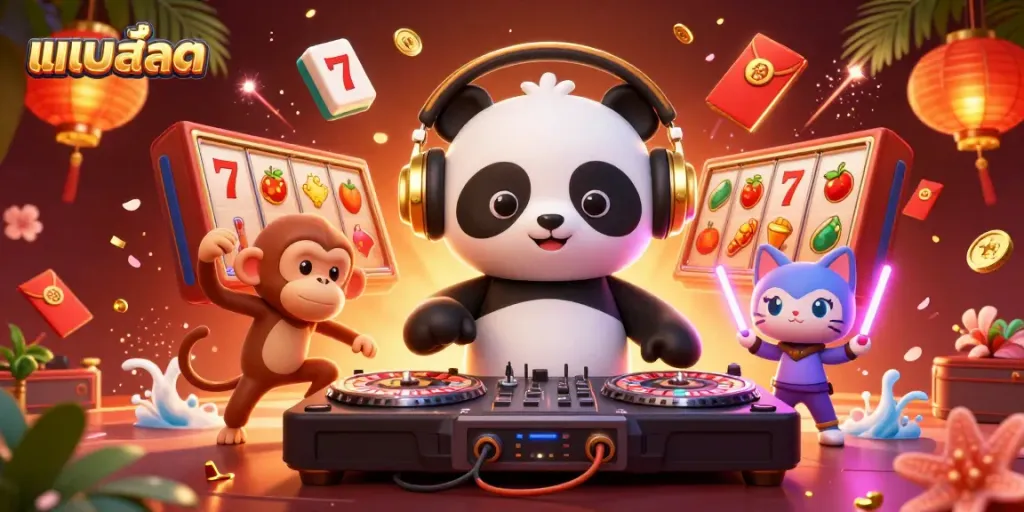 Engage with แบบสล็อต in a vibrant, animated scene featuring a DJ panda and fun casino elements.